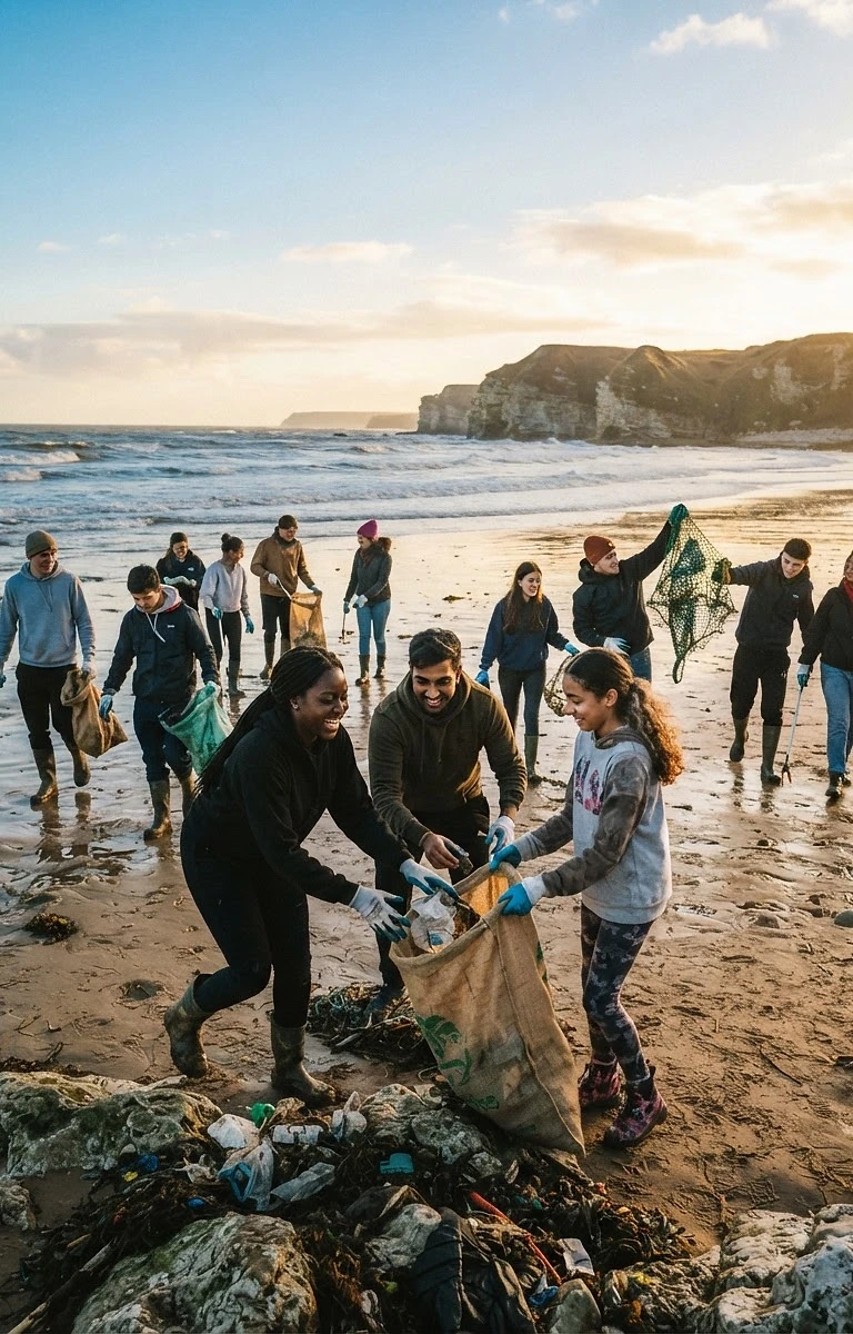 Young people working together on a coastal community clean-up