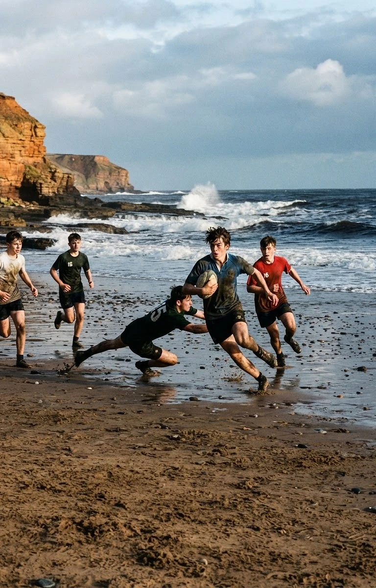 Young people playing rugby together on a Yorkshire beach